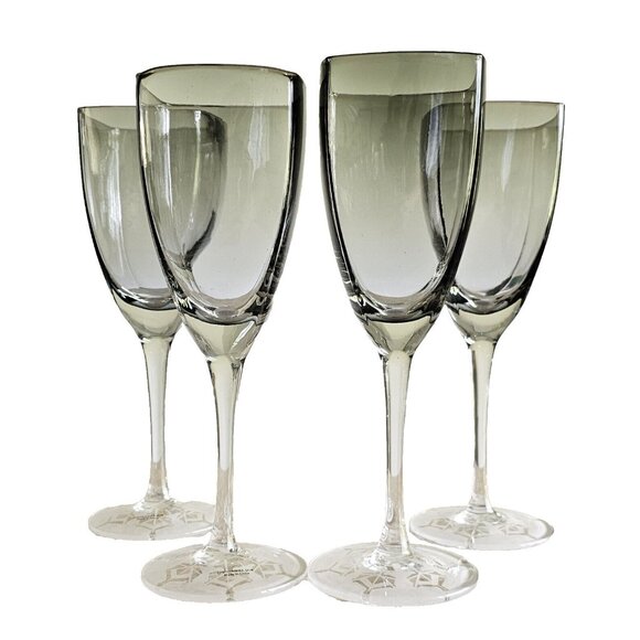 Unknown Other - 4 Retro Square Grey Wine Glasses 9.5" frosted etched base snowflake winter holid